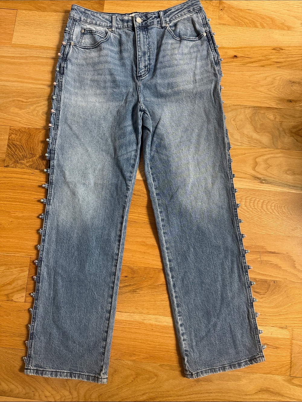 Avec Les Filles Light Blue Straight-Leg Jeans with Side Studs